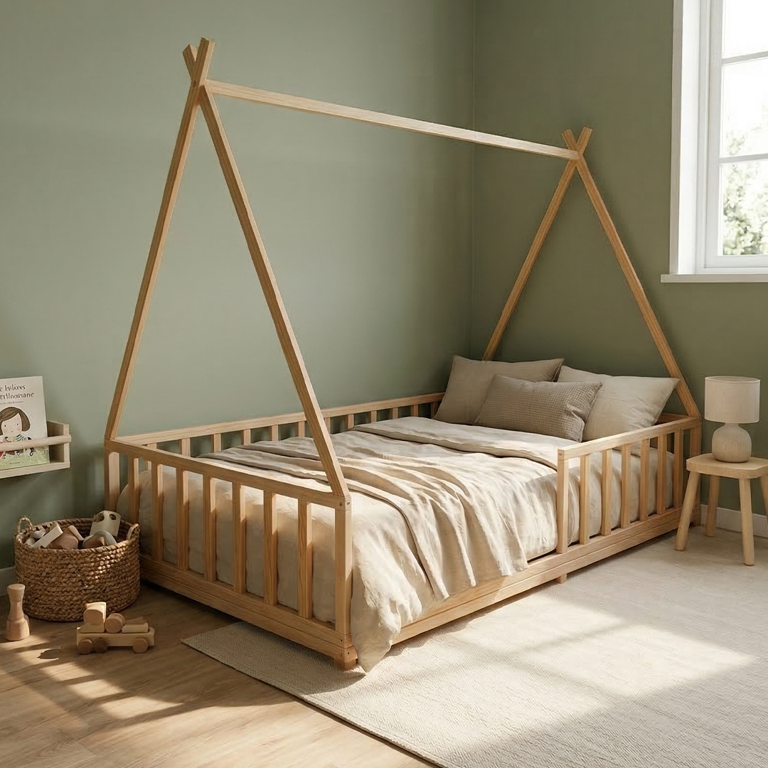 Cama Cercadinho com Cabaninha - Pinho Natural