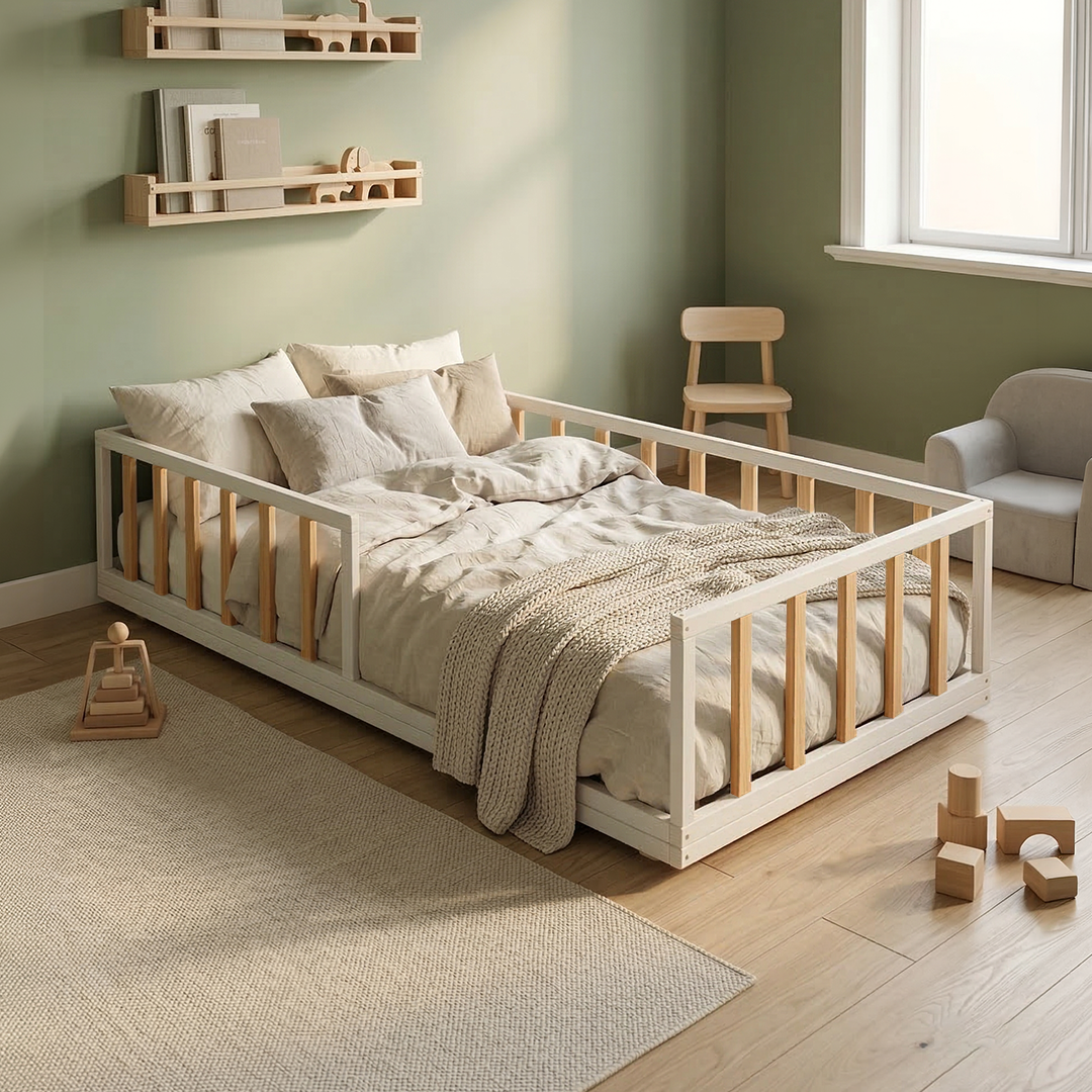 Cama Cercadinho - Branco com grades em Pinho Natural