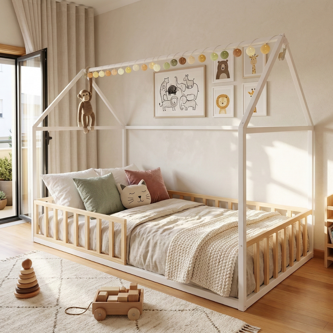 Cama Casinha - Branco com grades em Pinho Natural